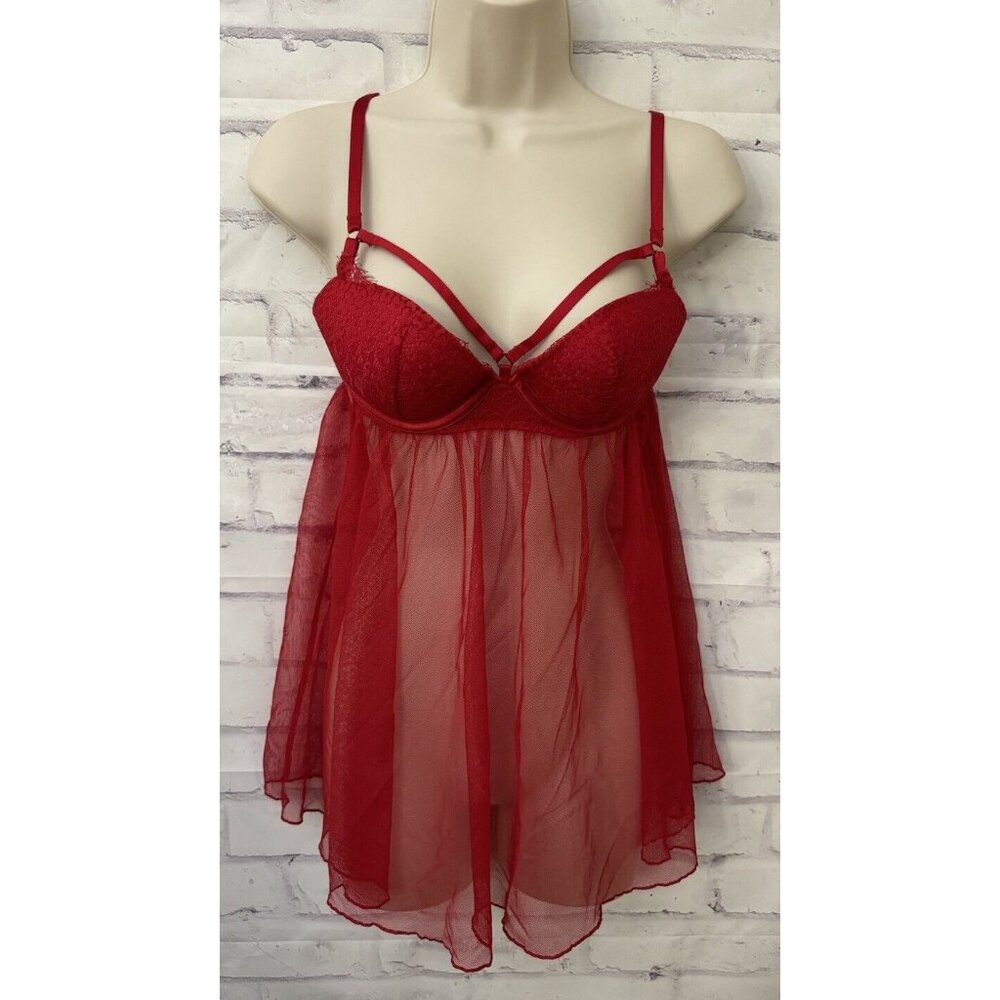 Victoria’s Secret Size 32C‎ Red Push Up Babydoll Chiffon Lace Neglige